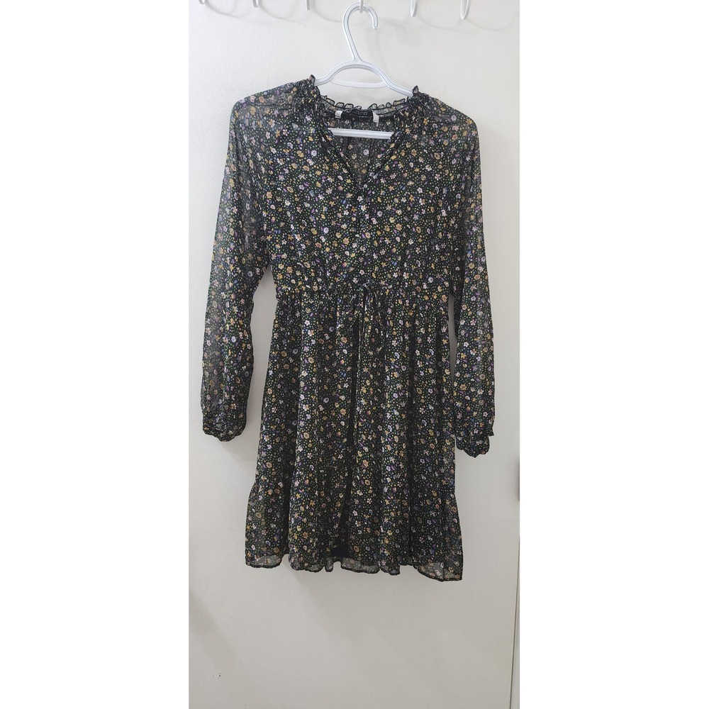 Zara Womens XS Black Ditsy Floral Sheer Long Sleeve Ruffle Mini Dress Tiered